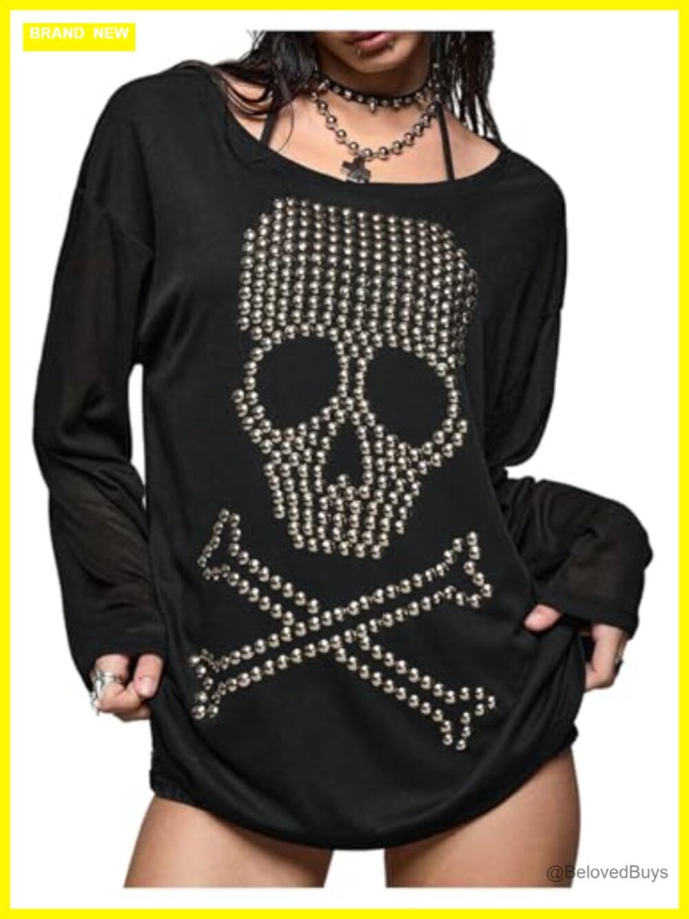 Skull Rivets Grunge Punk Y2k Long Sleeve T-Shirt Loose Fit Top